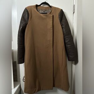 BCBGMAXAZRIA long tan flannel vintage coat with faux leather sleeves size large